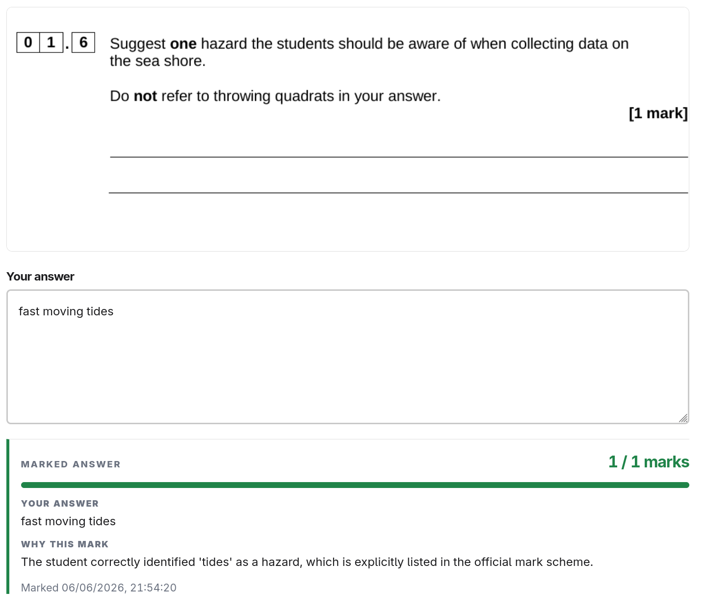 IHateGCSE Biology answer page showing an AI-marked answer awarded one mark.